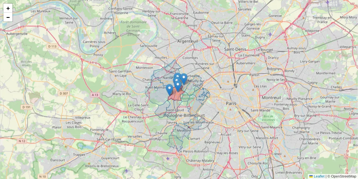 Carte de la zone du code postal  et des codes postaux voisins en France