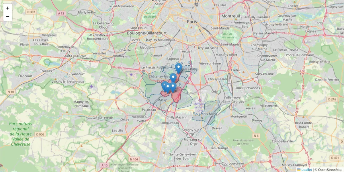 Carte de la zone du code postal  et des codes postaux voisins en France