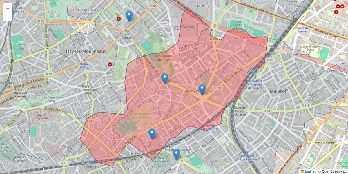 Carte de la zone du code postal  et des codes postaux voisins en France