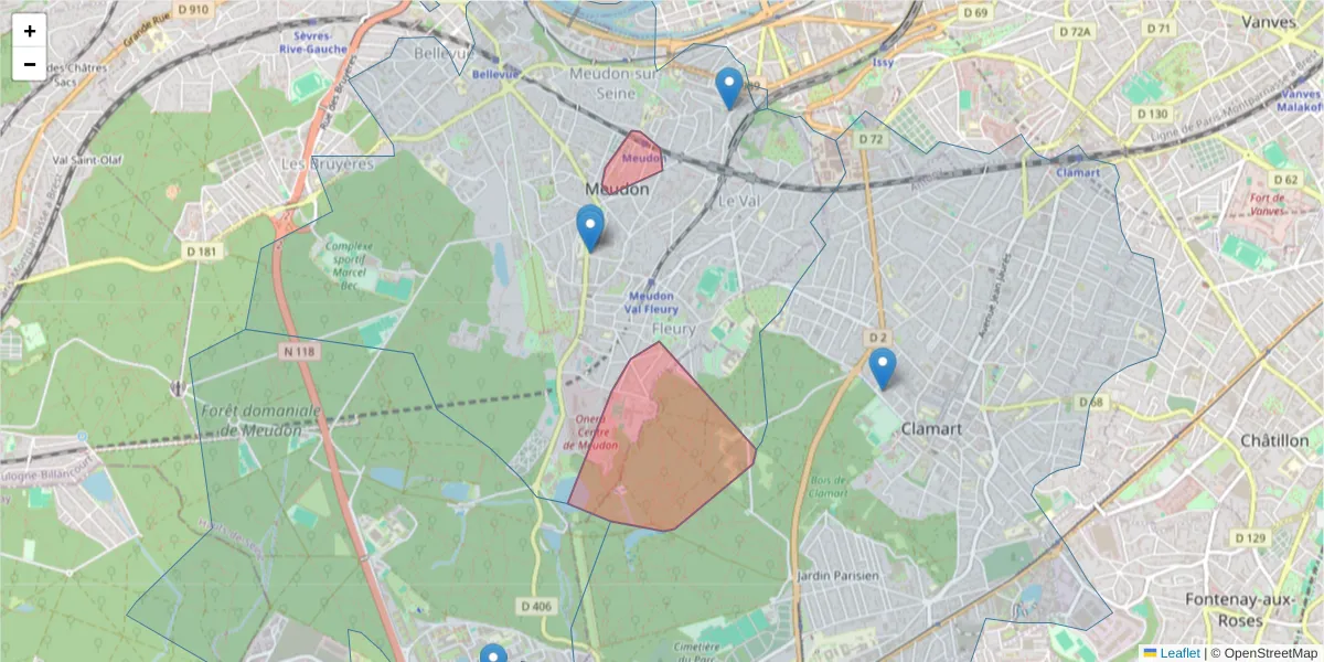 Carte de la zone du code postal  et des codes postaux voisins en France