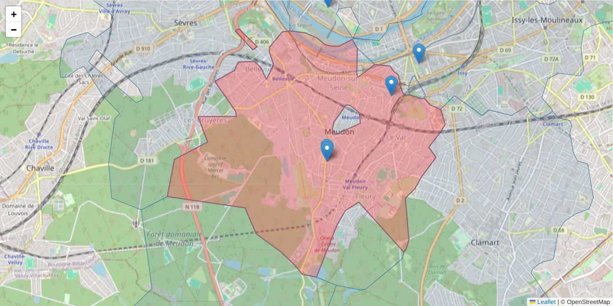 Carte de la zone du code postal  et des codes postaux voisins en France