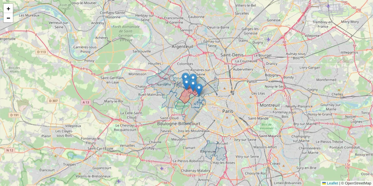 Carte de la zone du code postal  et des codes postaux voisins en France