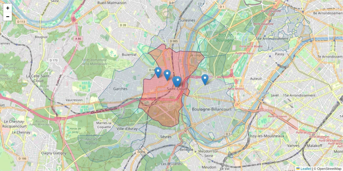 Carte de la zone du code postal  et des codes postaux voisins en France