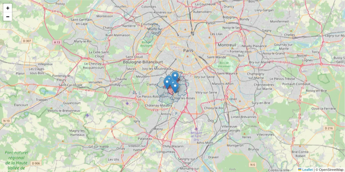 Carte de la zone du code postal  et des codes postaux voisins en France