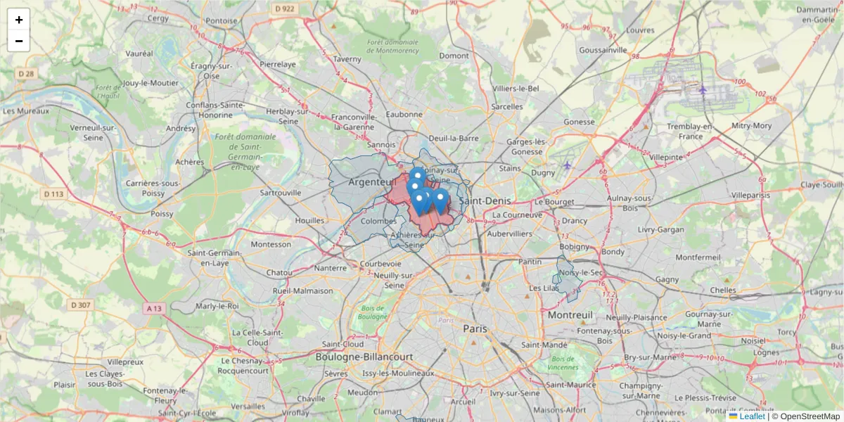 Carte de la zone du code postal  et des codes postaux voisins en France
