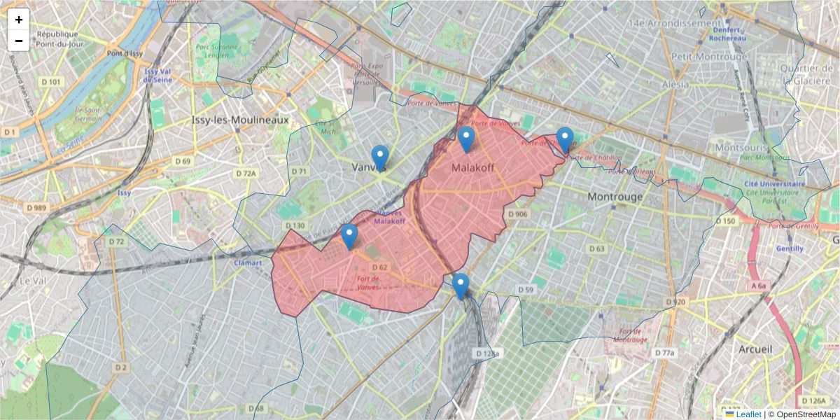 Carte de la zone du code postal  et des codes postaux voisins en France