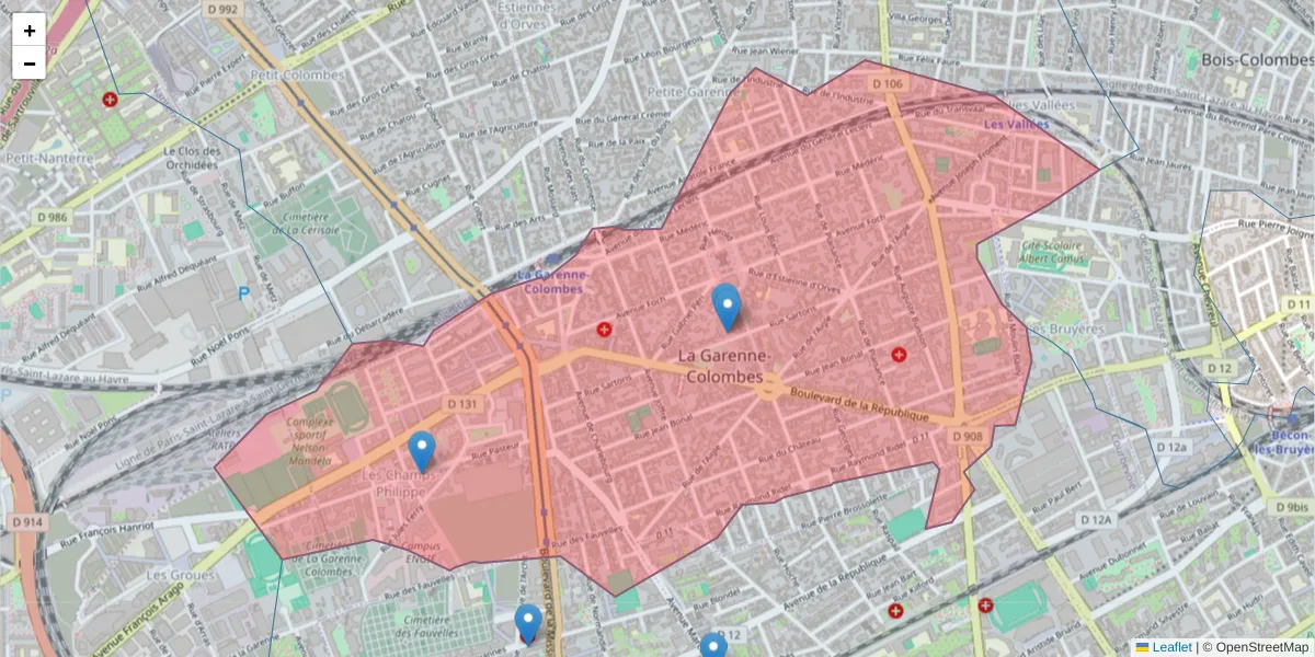 Carte de la zone du code postal  et des codes postaux voisins en France