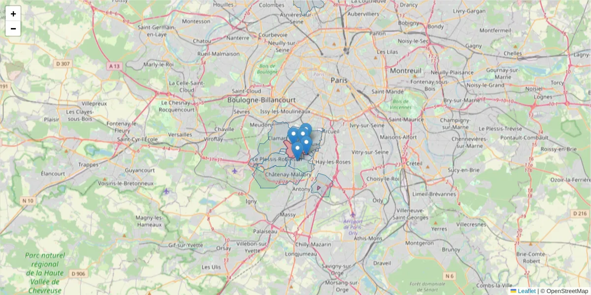 Carte de la zone du code postal  et des codes postaux voisins en France