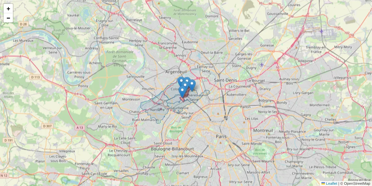 Carte de la zone du code postal  et des codes postaux voisins en France