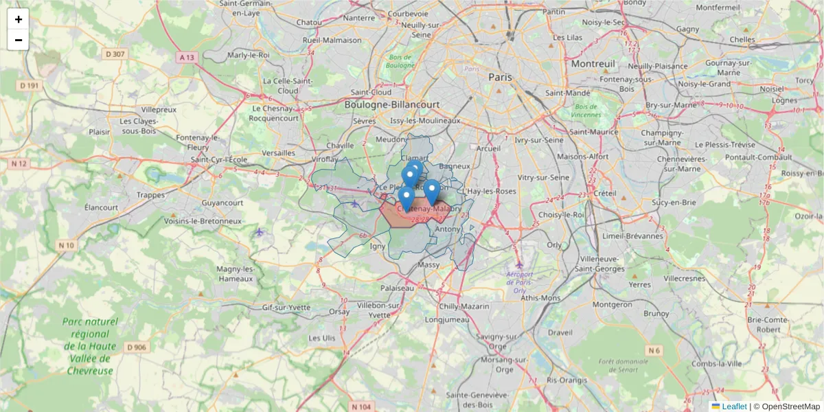 Carte de la zone du code postal  et des codes postaux voisins en France