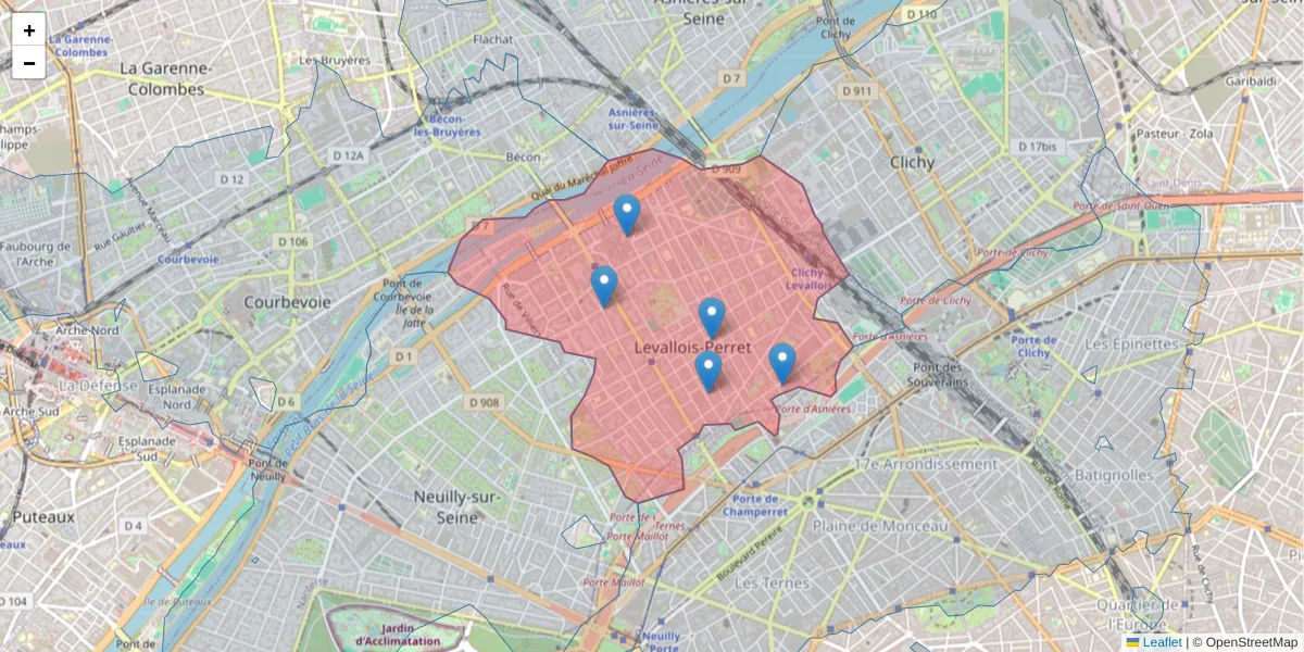 Carte de la zone du code postal  et des codes postaux voisins en France