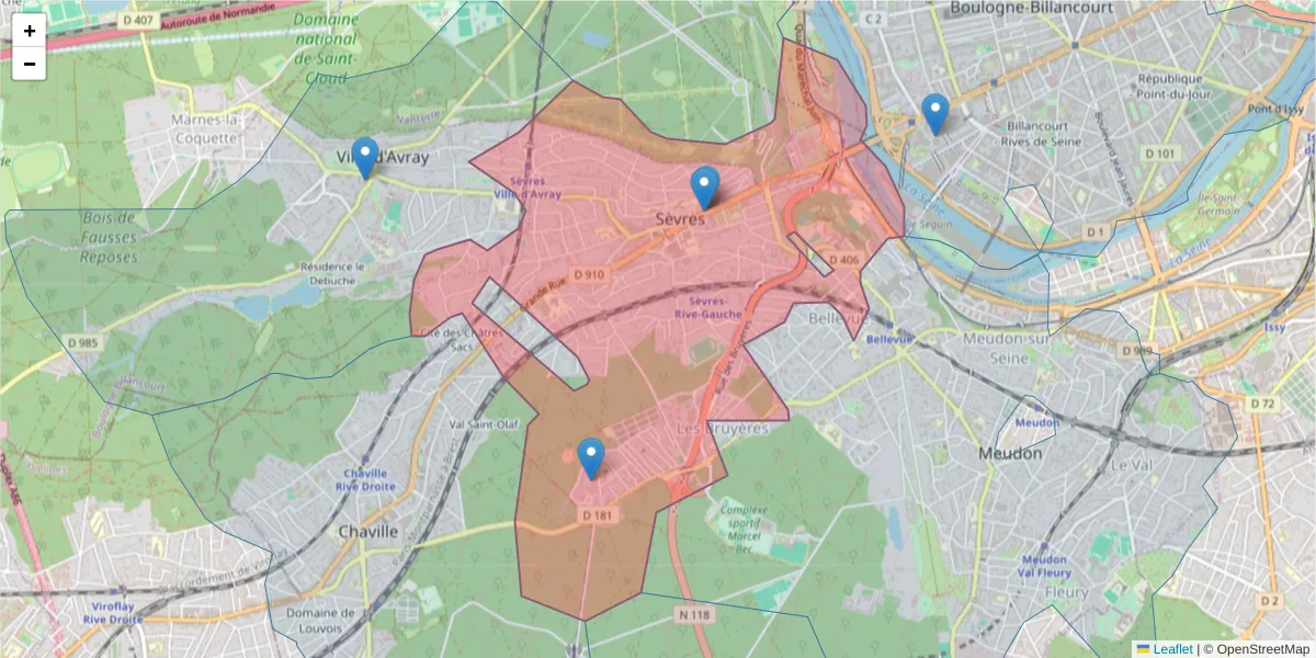 Carte de la zone du code postal  et des codes postaux voisins en France