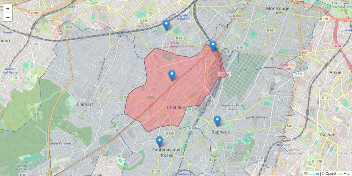 Carte de la zone du code postal  et des codes postaux voisins en France
