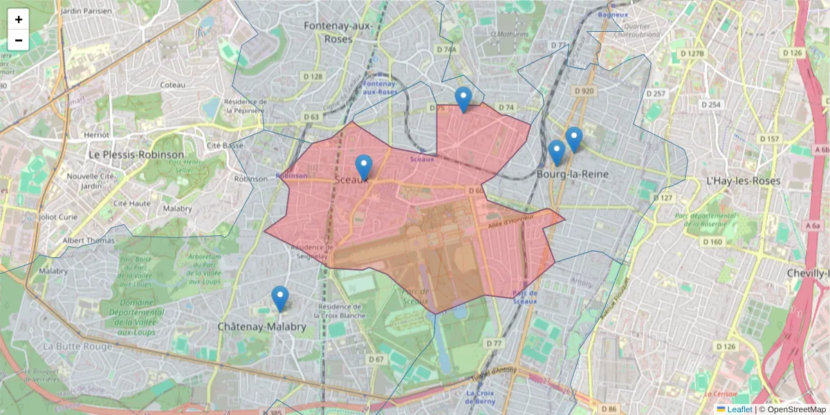 Carte de la zone du code postal  et des codes postaux voisins en France
