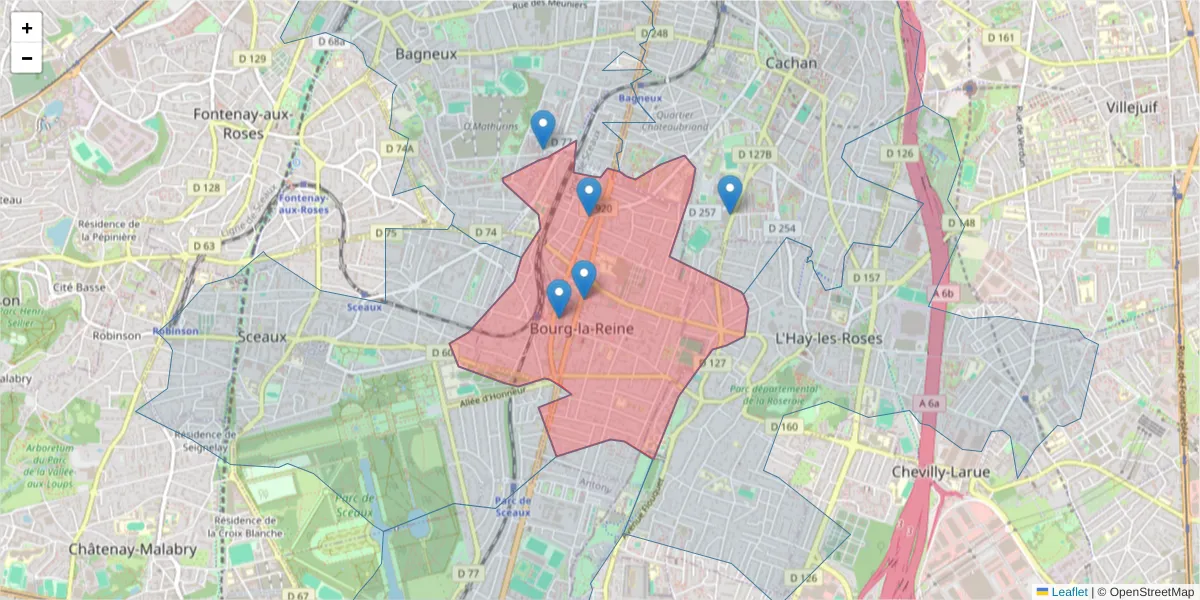 Carte de la zone du code postal  et des codes postaux voisins en France