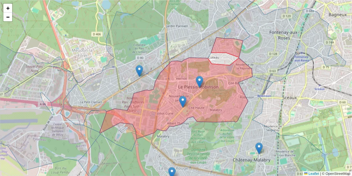 Carte de la zone du code postal  et des codes postaux voisins en France