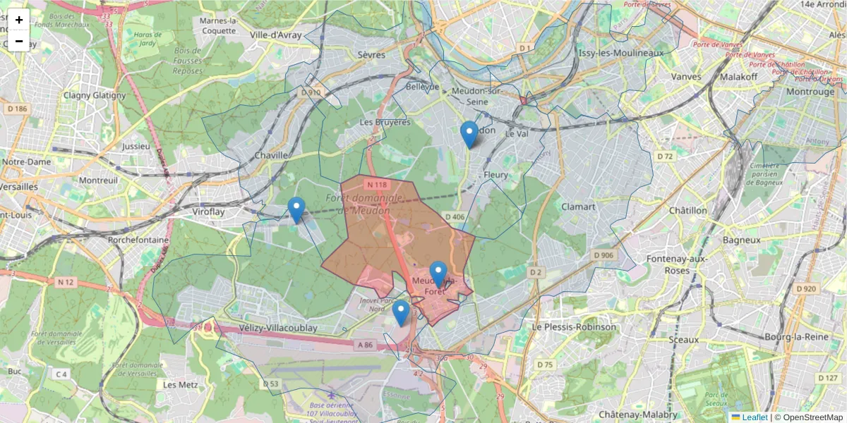 Carte de la zone du code postal  et des codes postaux voisins en France