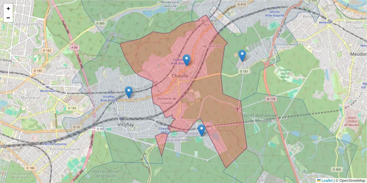Carte de la zone du code postal  et des codes postaux voisins en France