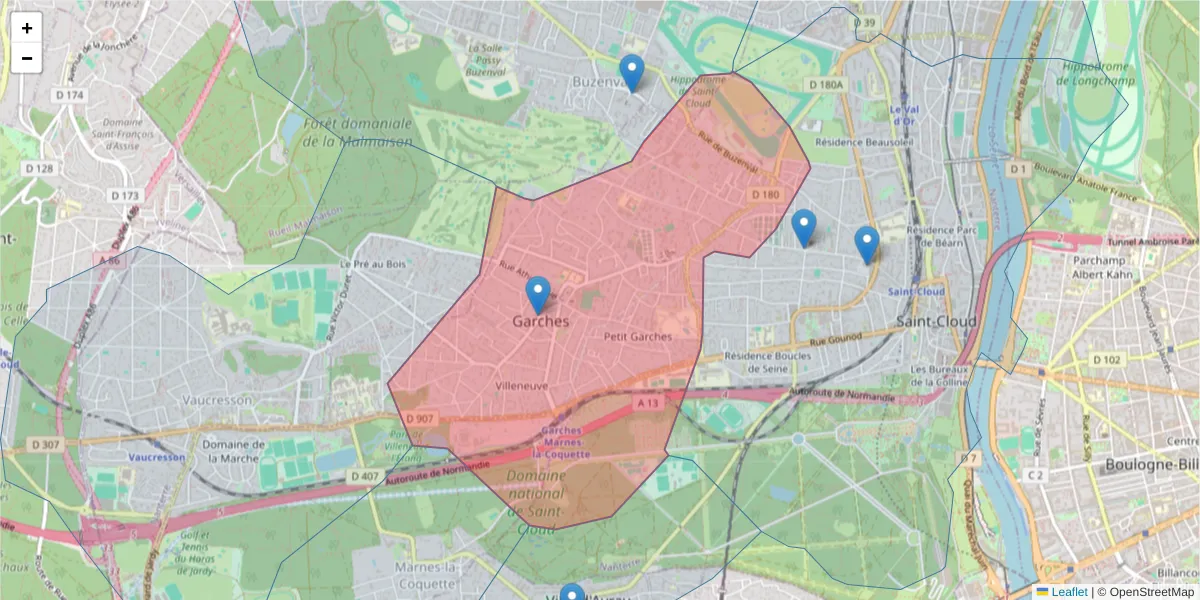 Carte de la zone du code postal  et des codes postaux voisins en France