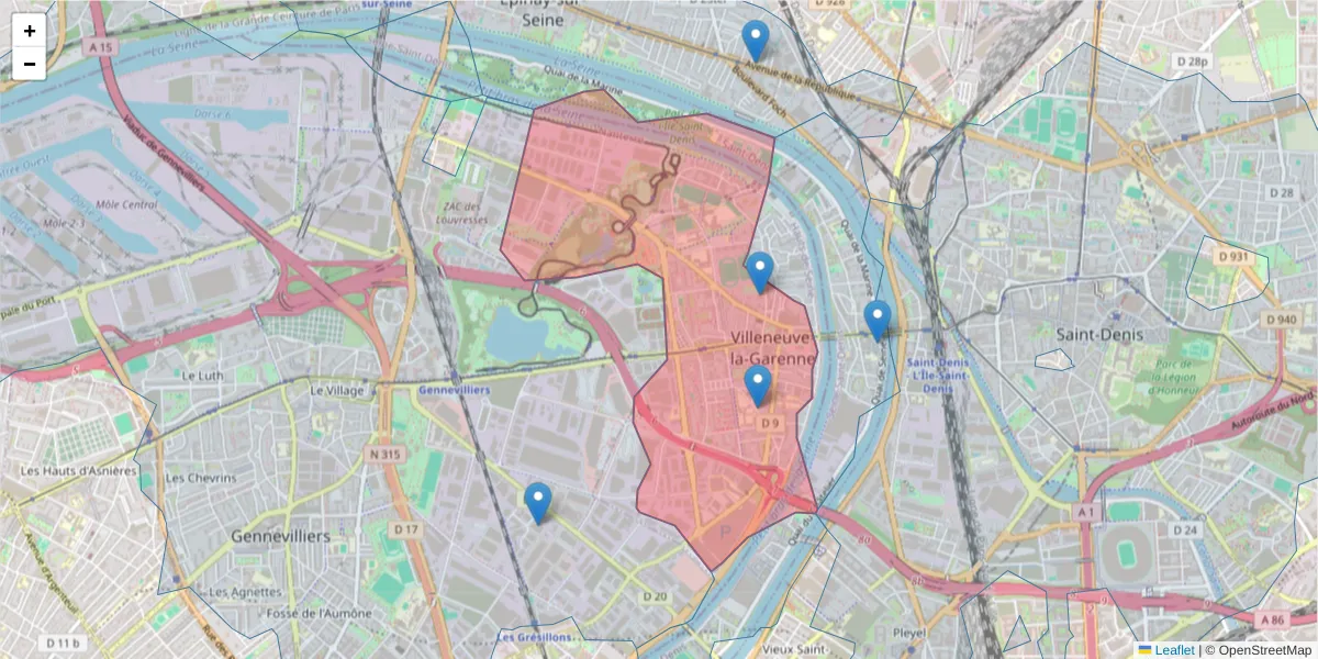 Carte de la zone du code postal  et des codes postaux voisins en France
