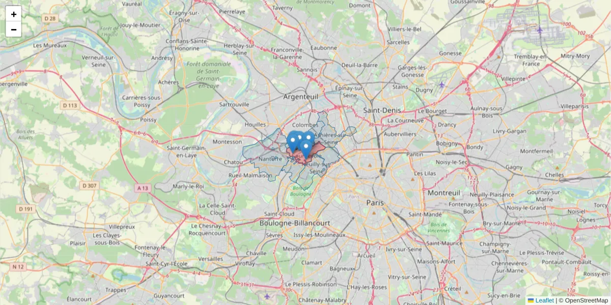 Carte de la zone du code postal  et des codes postaux voisins en France