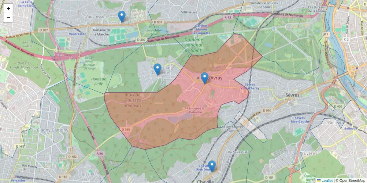Carte de la zone du code postal  et des codes postaux voisins en France