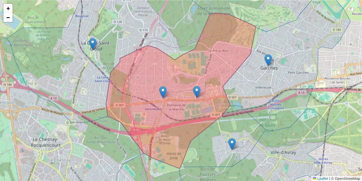 Carte de la zone du code postal  et des codes postaux voisins en France