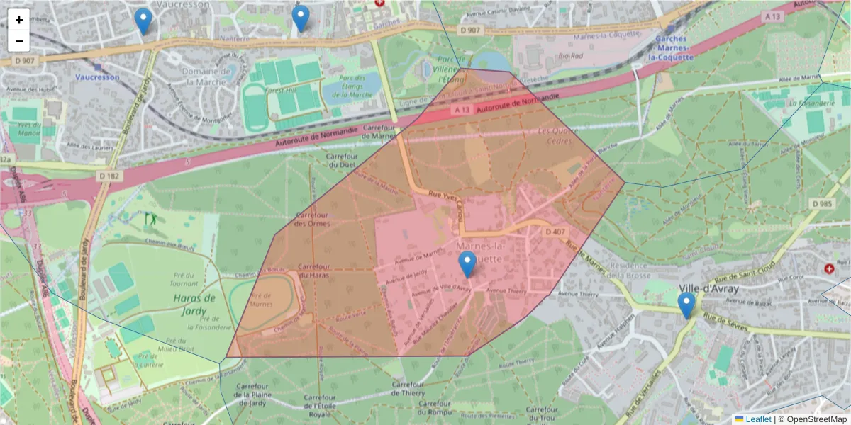 Carte de la zone du code postal  et des codes postaux voisins en France
