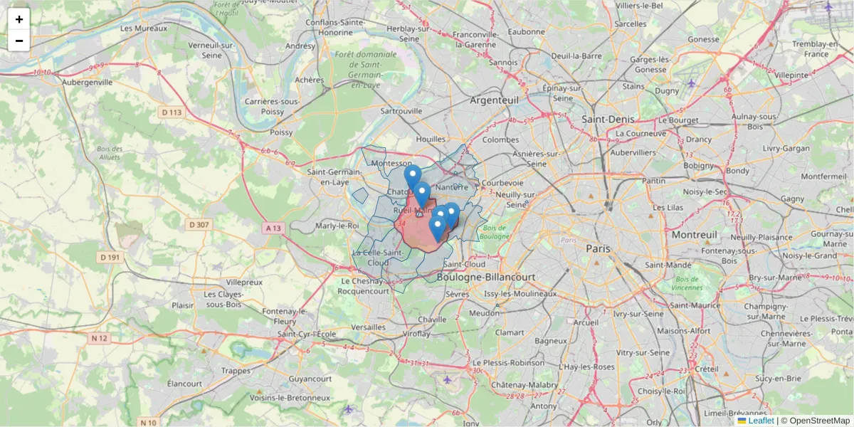Carte de la zone du code postal  et des codes postaux voisins en France
