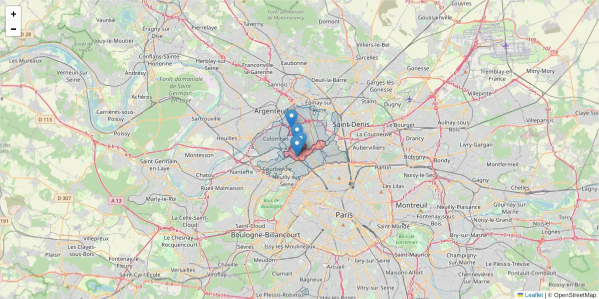 Carte de la zone du code postal  et des codes postaux voisins en France