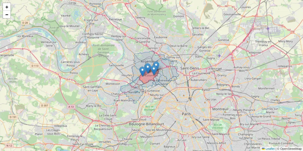 Carte de la zone du code postal  et des codes postaux voisins en France