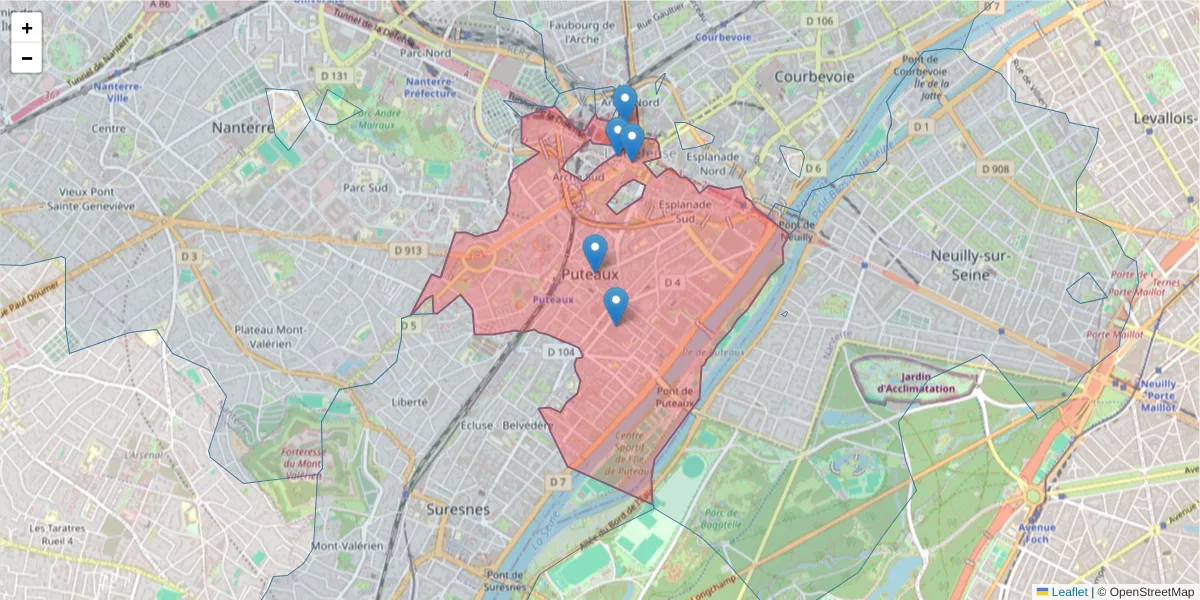 Carte de la zone du code postal  et des codes postaux voisins en France
