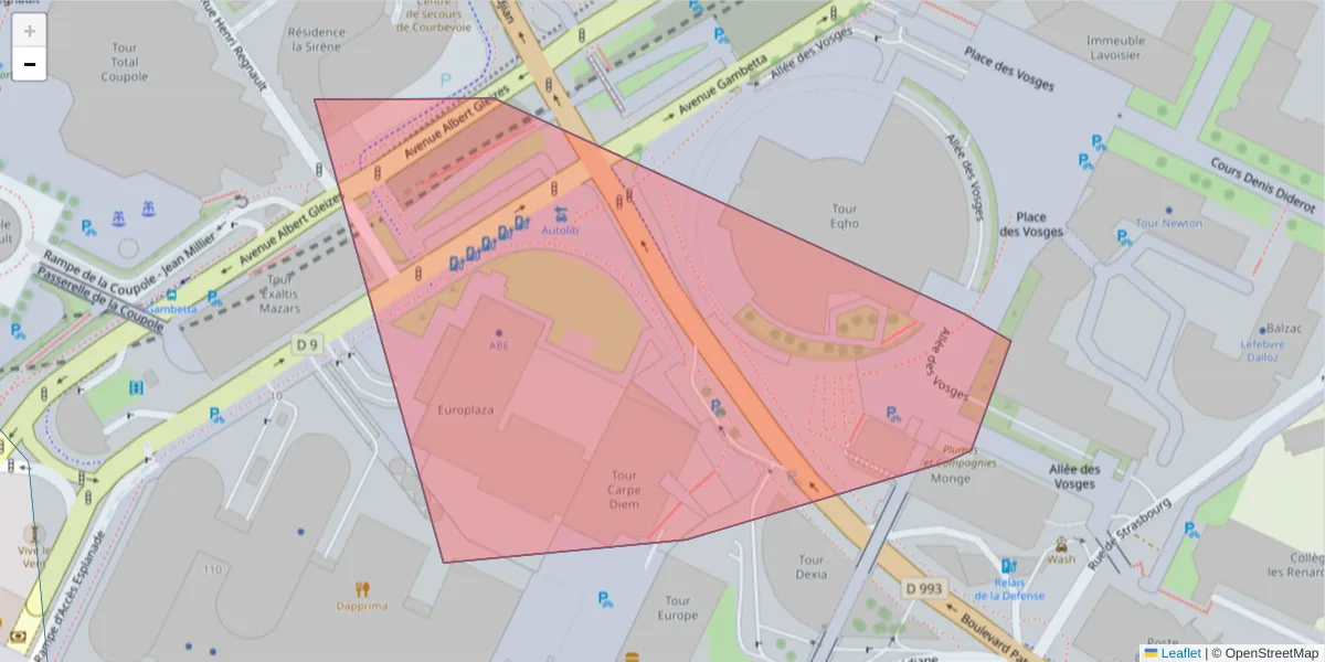 Carte de la zone du code postal  et des codes postaux voisins en France