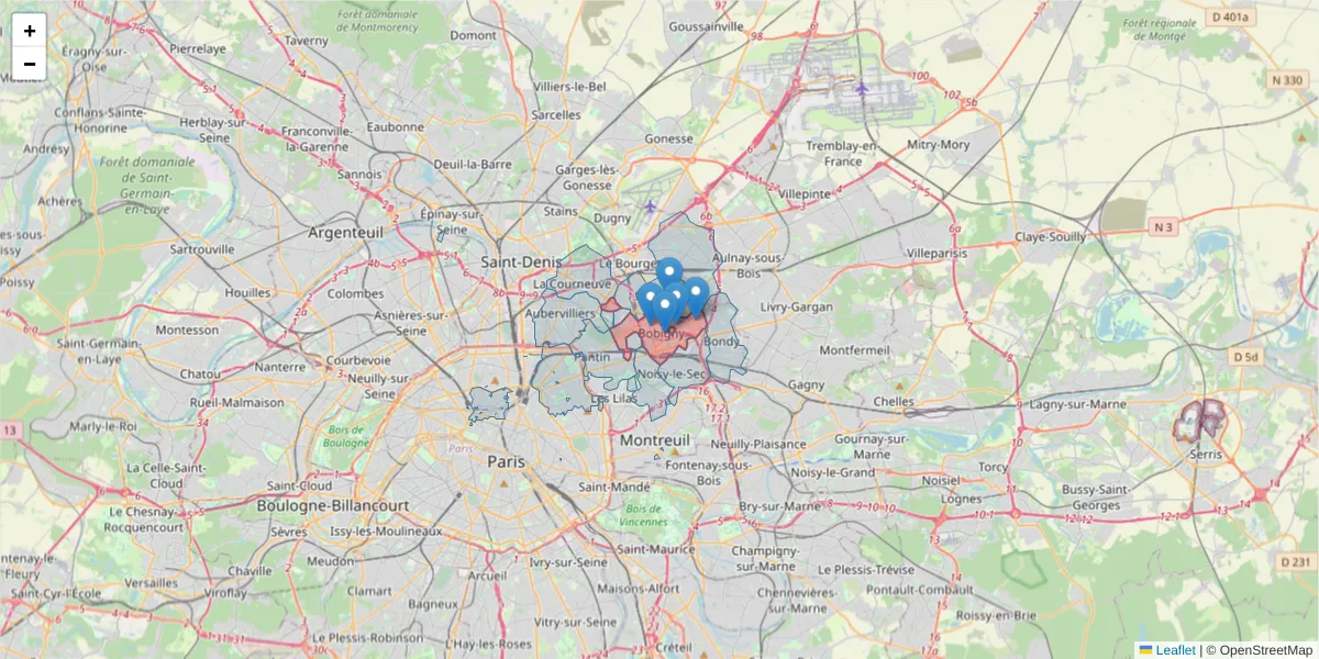 Carte de la zone du code postal  et des codes postaux voisins en France
