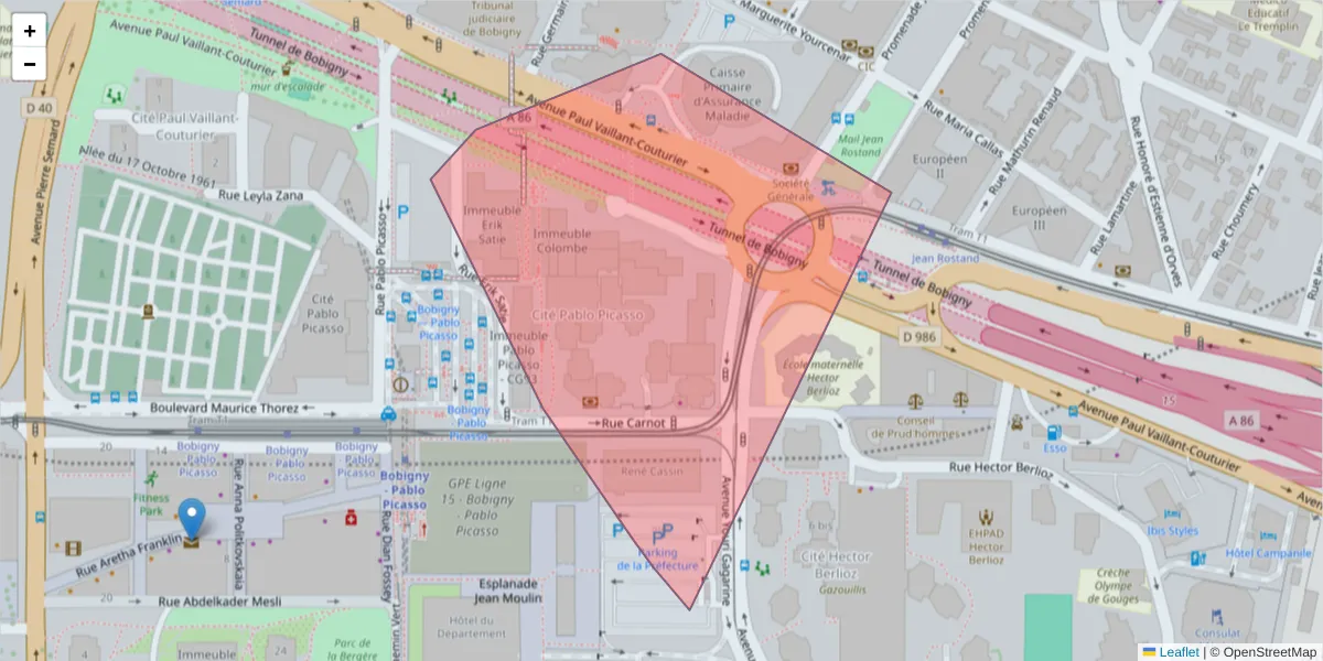 Carte de la zone du code postal  et des codes postaux voisins en France