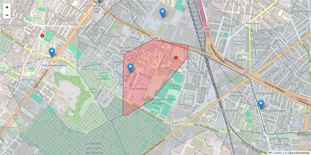 Carte de la zone du code postal  et des codes postaux voisins en France