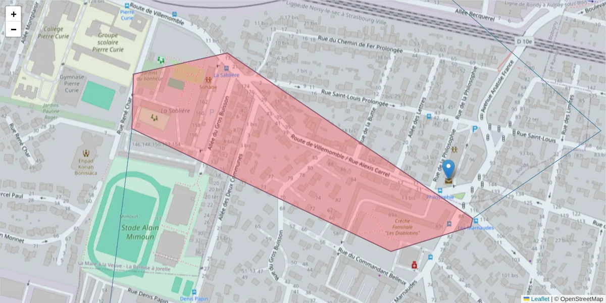 Carte de la zone du code postal  et des codes postaux voisins en France