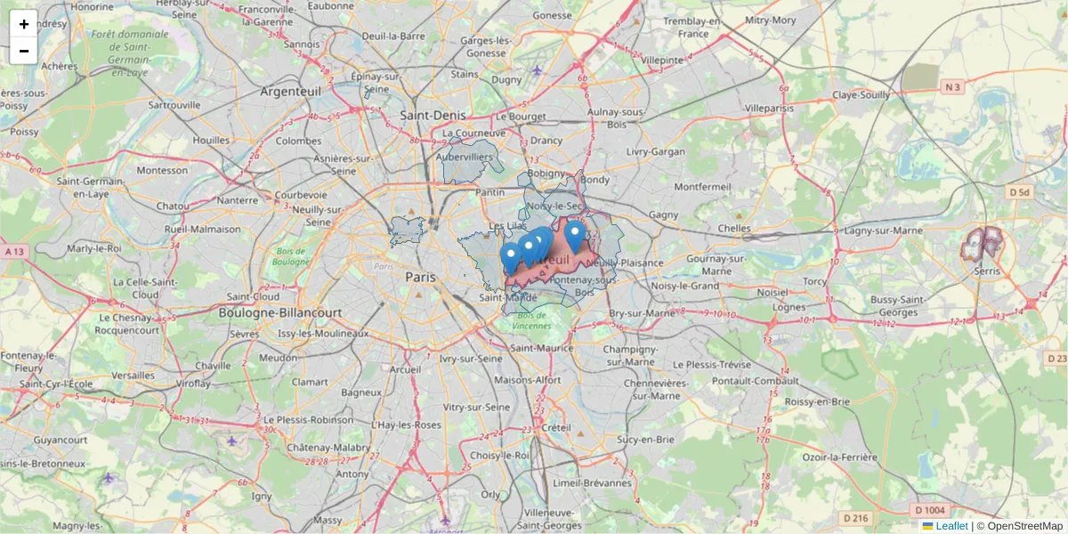 Carte de la zone du code postal  et des codes postaux voisins en France