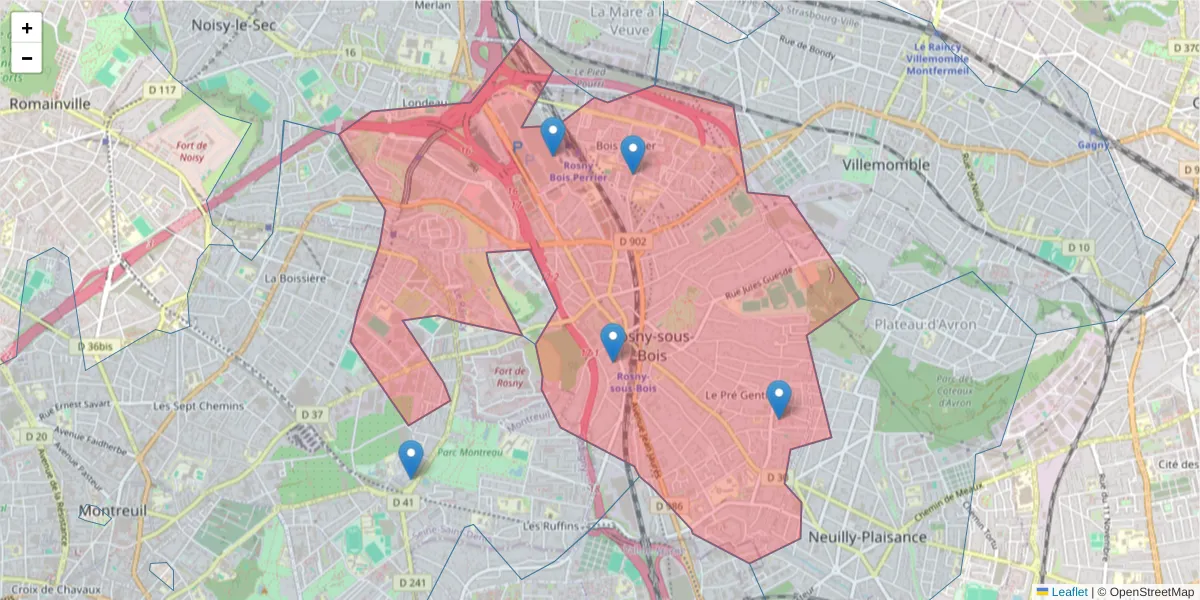 Carte de la zone du code postal  et des codes postaux voisins en France