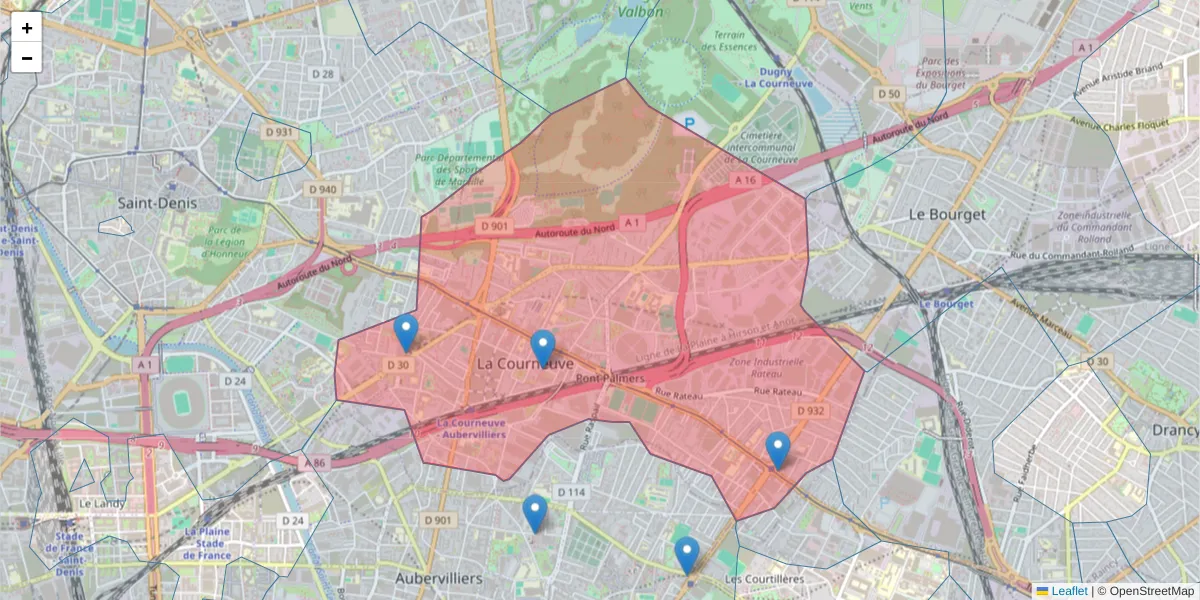Carte de la zone du code postal  et des codes postaux voisins en France