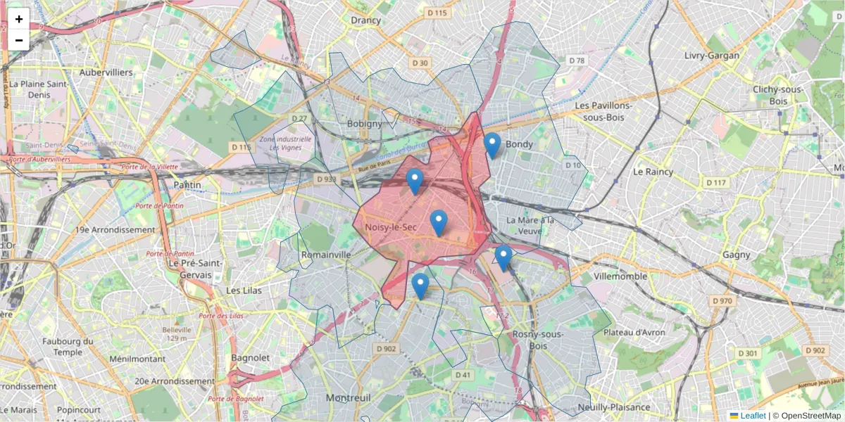 Carte de la zone du code postal  et des codes postaux voisins en France
