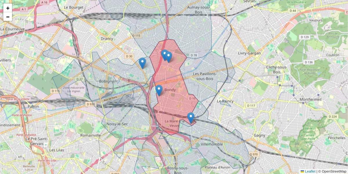 Carte de la zone du code postal  et des codes postaux voisins en France