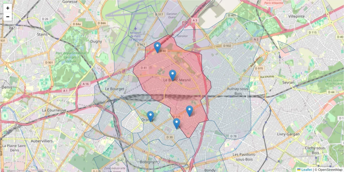 Carte de la zone du code postal  et des codes postaux voisins en France