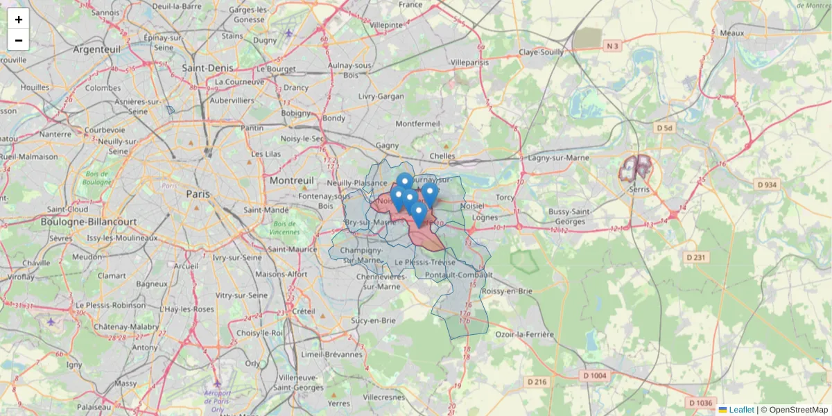 Carte de la zone du code postal  et des codes postaux voisins en France