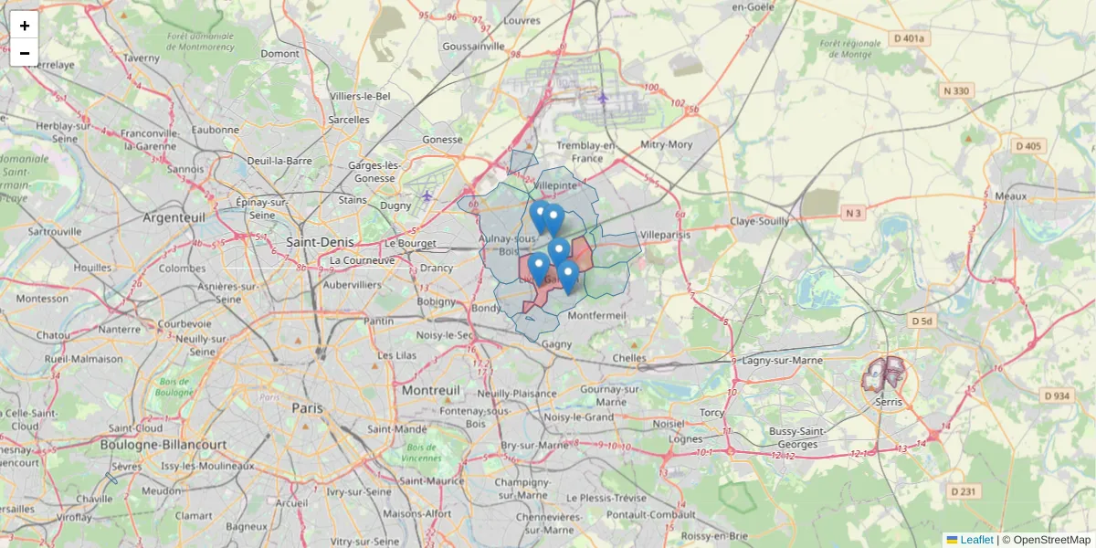 Carte de la zone du code postal  et des codes postaux voisins en France