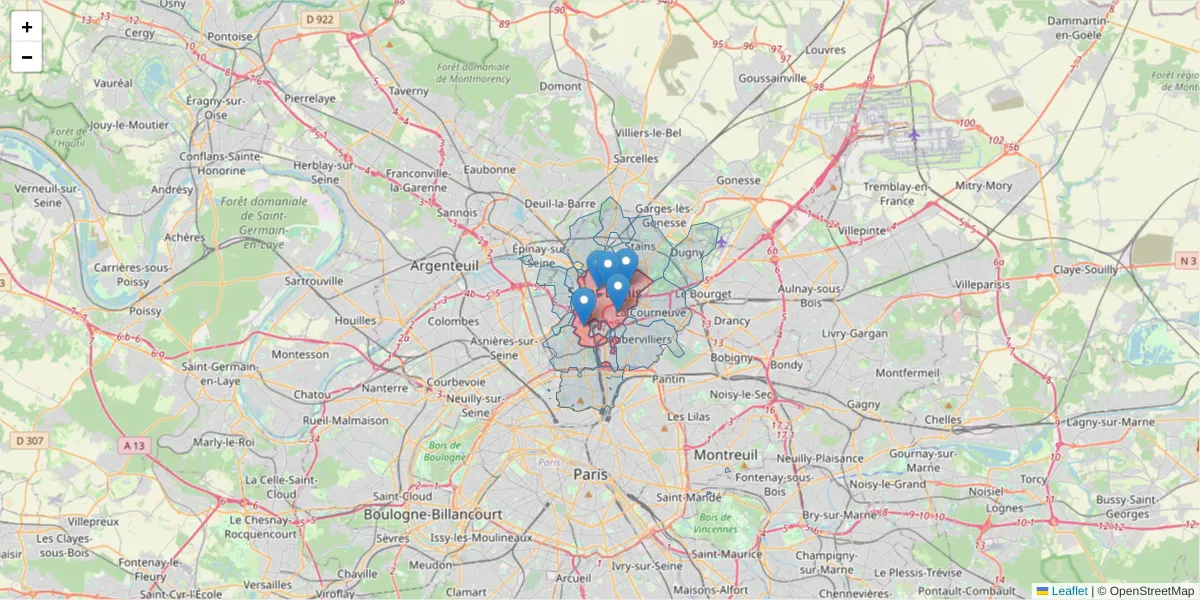 Carte de la zone du code postal  et des codes postaux voisins en France