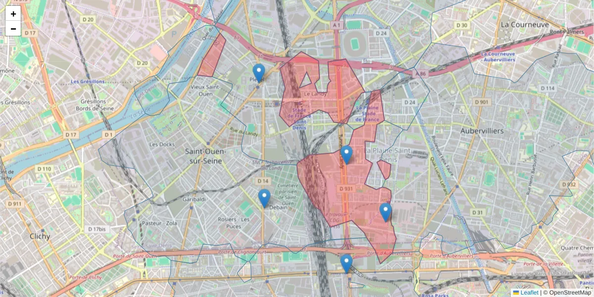 Carte de la zone du code postal  et des codes postaux voisins en France