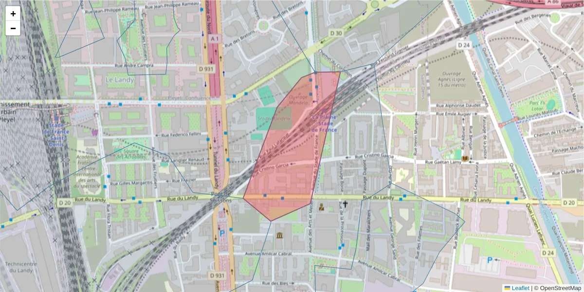 Carte de la zone du code postal  et des codes postaux voisins en France