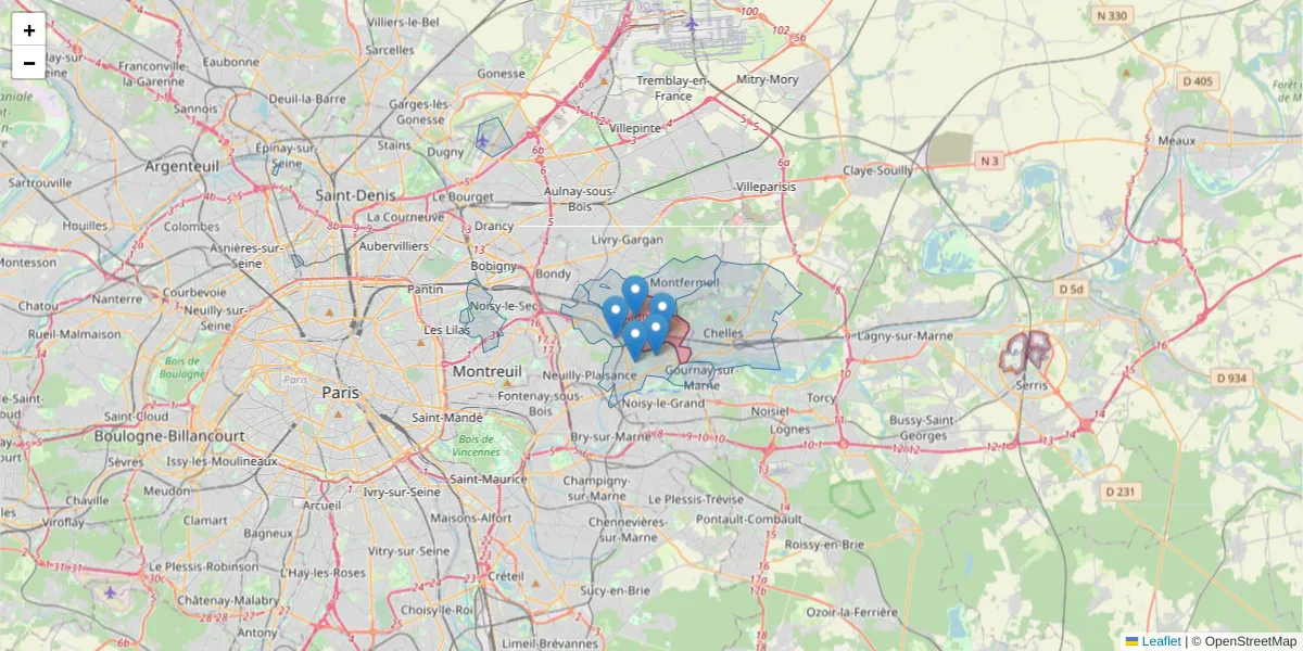 Carte de la zone du code postal  et des codes postaux voisins en France