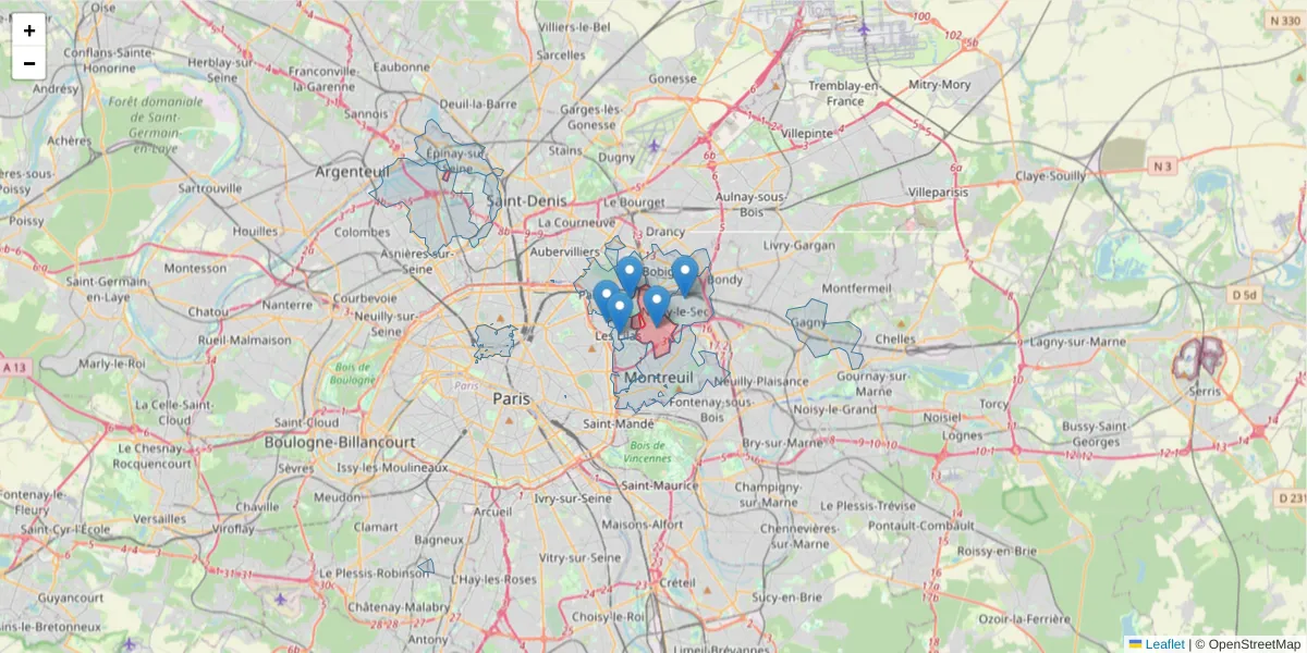 Carte de la zone du code postal  et des codes postaux voisins en France